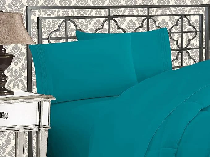 Reliable Elegant Comfort Luxurious 1500 Premium Hotel Quality Microfiber Three Line Embroidered Softest 4-Piece Bed Sheet Set Wrinkle and Fade Resistant California King Turquoise Professional