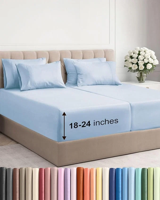 Refined Extra Deep Split King Sheet Set – 7 Piece Breathable and Cooling Sheets – Hotel Luxury Bedding for Women Men Kids amp Teens – Easy amp Secure Fit – Soft and Wrinkle – Extra Deep Pockets – Sky Blue Optimized