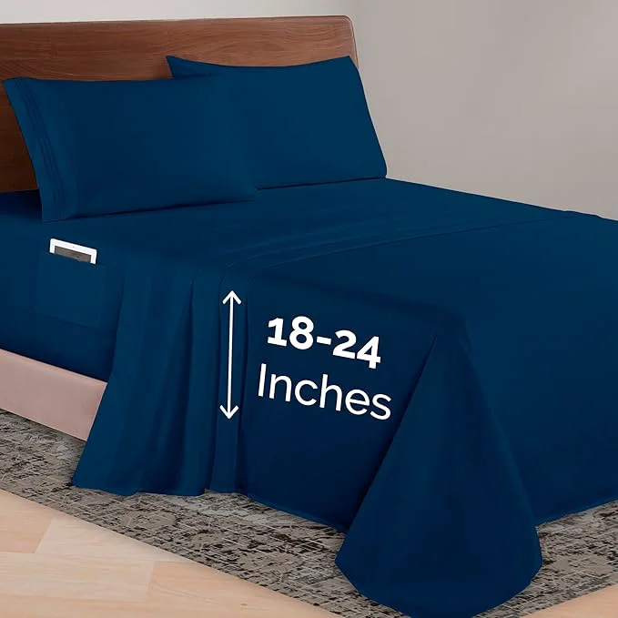 Exclusive Elegant Comfort Luxurious 1500 Premium Hotel Quality Microfiber 4-Piece Sheet Set 18-24 Inches Deep – Extra Deep Pocket Sheets – Ultra Soft 4PC Deep Pocket Sheets Queen Navy Blue Lightweight