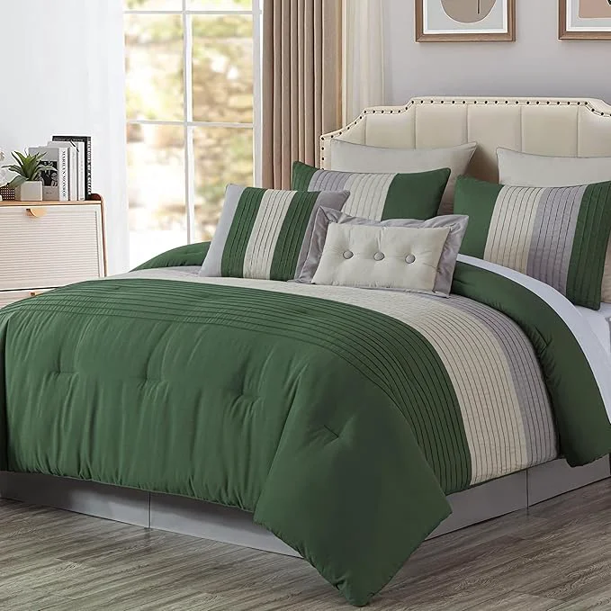Powerful Chezmoi Collection Loft 8-Piece Full Comforter Set Forest Green Gray Cream Luxury Striped Bedding for All Season Relaxed