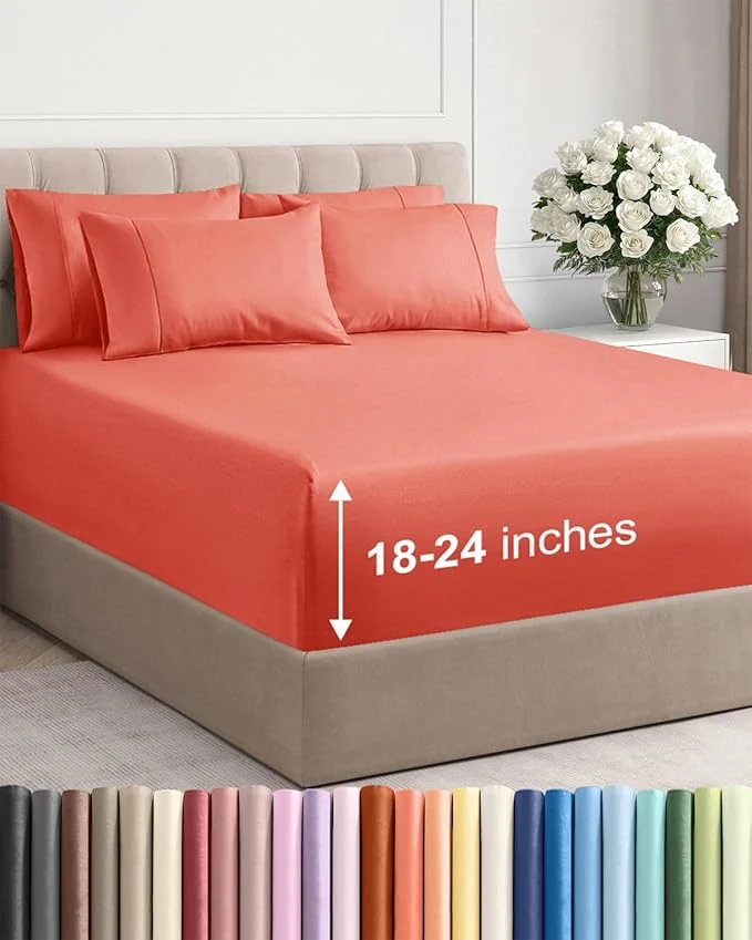 Prestigious Extra Deep Full Sheet Set – 6 Piece Breathable and Cooling Sheets – Hotel Luxury Bedding for Women Men Kids amp Teens – Easy amp Secure Fit – Soft Wrinkle and Comfy – Extra Deep Pockets – Coral Exclusive