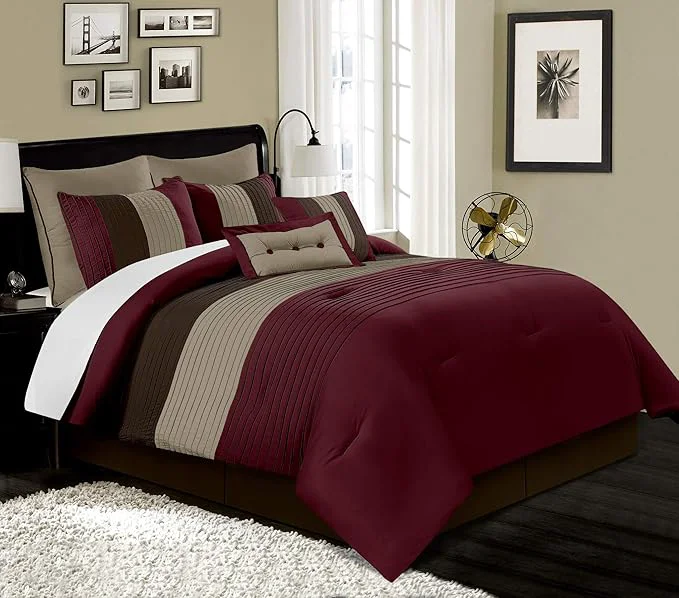 Breathable Chezmoi Collection Loft 8-Piece Luxury Striped Comforter Set Full Burgundy Coffee Brown Solid