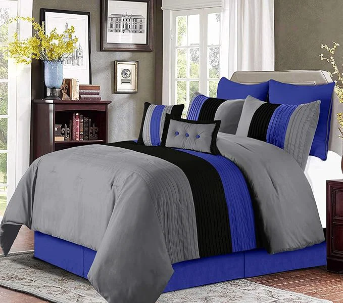 Stylish Chezmoi Collection Loft 8-Piece Queen Comforter Set Gray Blue Black Luxury Striped Bedding for All Season Smooth