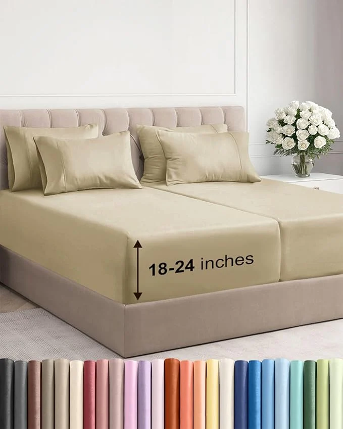 Dependable Extra Deep Split King Sheet Set – 7 Piece Breathable and Cooling Sheets – Hotel Luxury Bedding for Women Men Kids amp Teens – Easy Secure Fit – Soft Wrinkle amp Comfy – Extra Deep Pockets – Beige Healthy