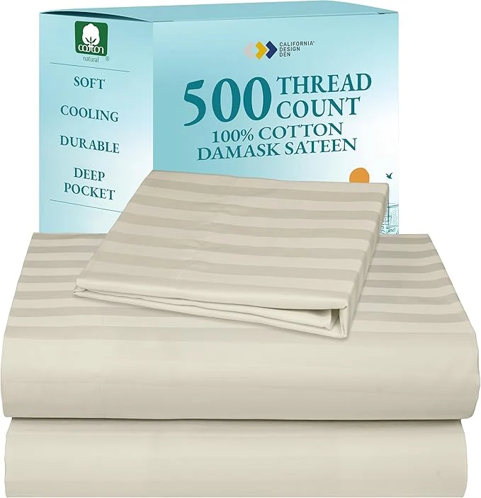 California Design Den 3 Piece Twin XL Size Sheet Set – Cotton 500 Thread Count Sateen Deep Pocket Bed Sheets with Fitted Elastic Sheet Soft Luxury – Striped Ivory Relaxed