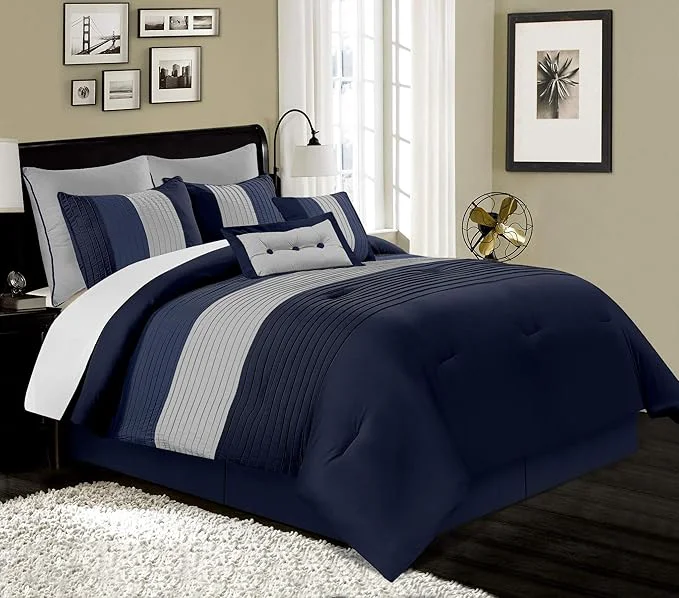 Exceptional Chezmoi Collection Loft 8-Piece Luxury Striped Comforter Set Full Navy Gray Blue High-Quality