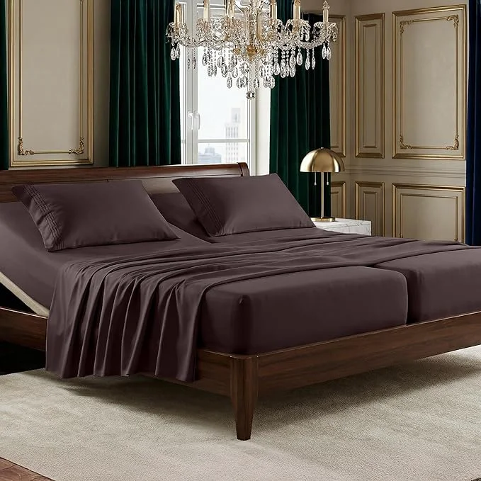 Recyclable Elegant Comfort Luxurious 1500 Premium Hotel Quality Microfiber Three Line Embroidered Softest 5-Piece Bed Sheet Set Wrinkle and Fade Resistant Split King Chocolate Brown Fast