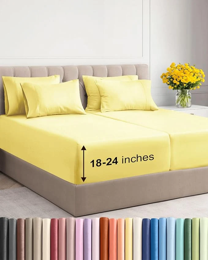 Elegant Extra Deep Split King Sheet Set – 7 Piece Breathable and Cooling Sheets – Hotel Luxury Bedding for Women Men Kids amp Teens – Easy amp Secure Fit – Soft and Wrinkle – Extra Deep Pockets – Yellow Artisan