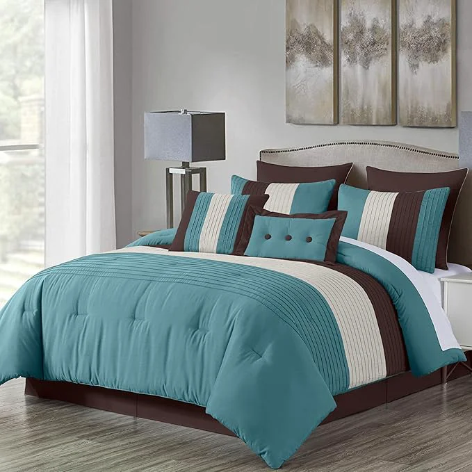 Exceptional Chezmoi Collection Loft 8-Piece Luxury Striped Comforter Set King Blue Beige Chocolate Brown Sophisticated