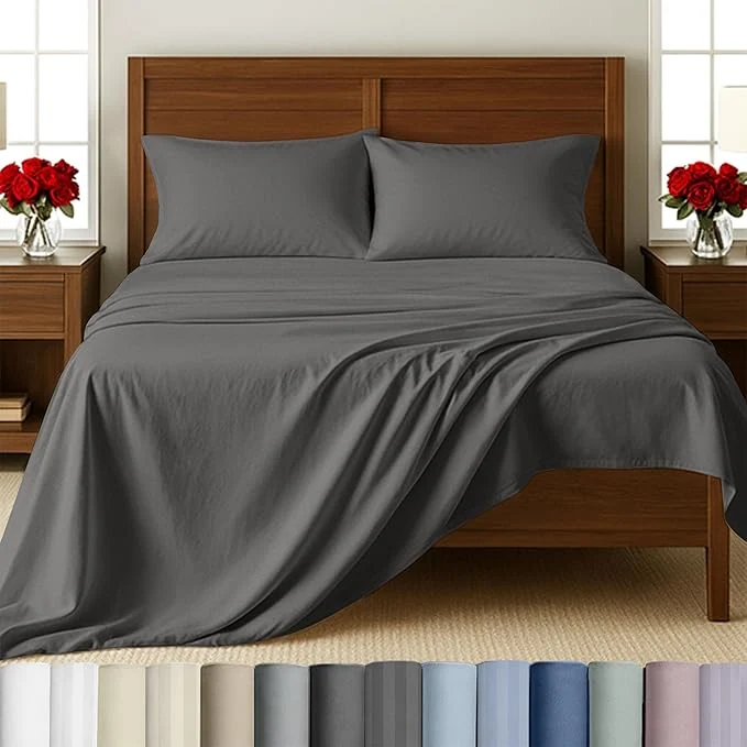 Environmentally Friendly California Design Den Sheets for Queen Size Bed Soft Cotton Sheets Deep Pockets Snug Fit Elastic 500 Thread Count Sateen Dark Grey Pure