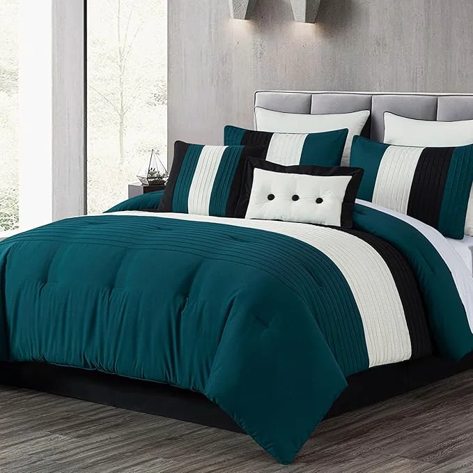 Superior Chezmoi Collection Loft 8-Piece King Comforter Set Teal Black White Luxury Striped Bedding for All Season Elegant