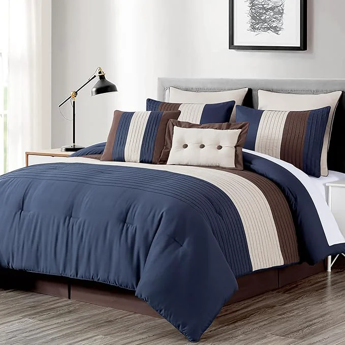 High-End Chezmoi Collection Loft 8-Piece California King Comforter Set Midnight Blue Brown Coffee Cream Luxury Striped Bedding for All Season