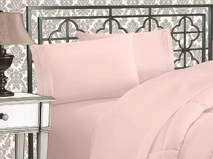 Consistent Elegant Comfort Luxurious 1500 Premium Hotel Quality Microfiber Three Line Embroidered Softest 4-Piece Bed Sheet Set Wrinkle and Fade Resistant California King Blush Pink Lightweight