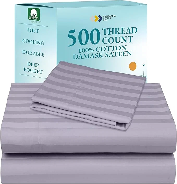 Artisan California Design Den – Bed Sheets Twin Size Soft Cotton Sheets Deep Pockets 500 Thread Count Sateen Damask Stripe Bedding Sheets Twin Sheets Set Lavender – Striped Superior
