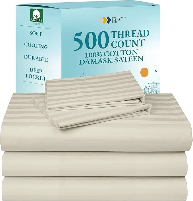Certified California Design Den Split King Size Sheet Set Cotton 500 Thread Count Sateen Deep Pocket Bedding for Adjustable Bed Twin-XL Fitted Elastic Sheets amp Pillowcases – Striped Ivory Specialty