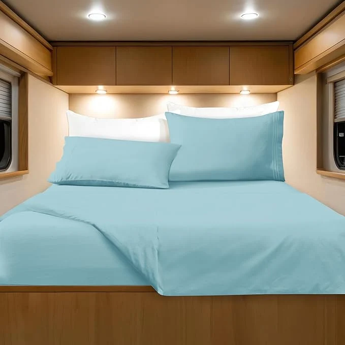 Crafted Elegant Comfort Luxurious 1500 Premium Hotel Quality Microfiber Three Line Embroidered Softest 4-Piece Bed Sheet Set Wrinkle and Fade Resistant RV Short Queen Aqua