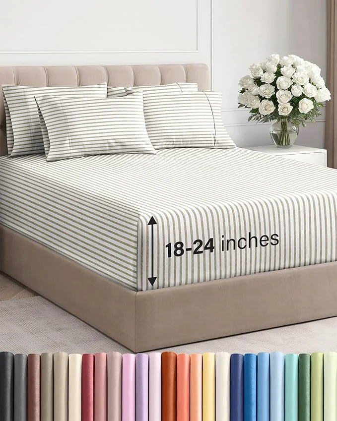 Reusable Extra Deep Cal King Sheet Set – 6 Piece Breathable and Cooling Sheets – Hotel Luxury Bedding for Women Men Kids amp Teens – Easy Secure Fit – Soft amp Wrinkle – Extra Deep Pockets – Beige Stripes High-Grade