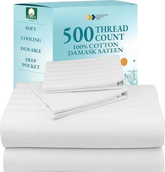 Clean California Design Den 500 Thread Count Cotton Bed Sheets King Size Set with Deep Pockets Soft amp Breathable Sateen Luxury Striped White Sheets Smart