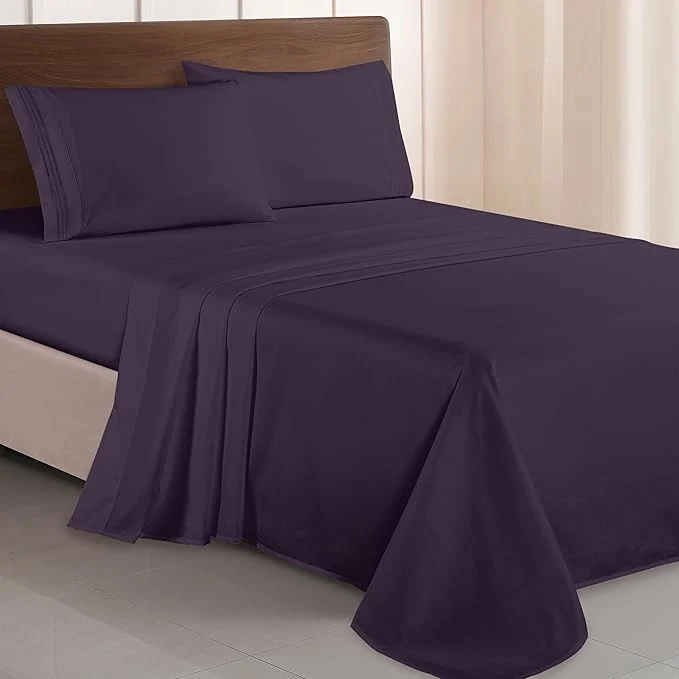 Comfortable Elegant Comfort Luxurious 1500 Premium Hotel Quality Microfiber Three Line Embroidered Softest 4-Piece Bed Sheet Set Wrinkle and Fade Resistant King Eggplant-Purple Responsible
