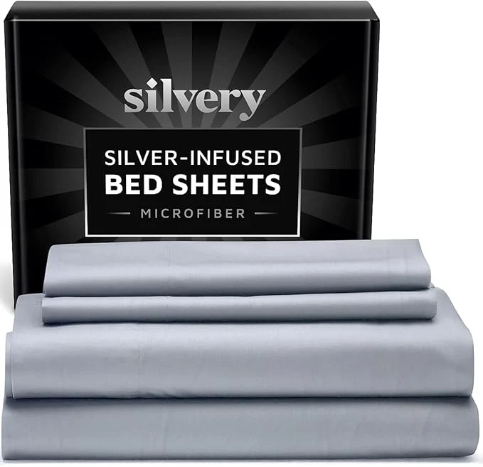 Versatile Silvery Silver Infused Bed Sheets Set – Ultra-Soft Temperature-Regulating Fabric with Self-Cleaning Technology™ That Stays Fresh 3X Longer for Hygienic Sleep Pure