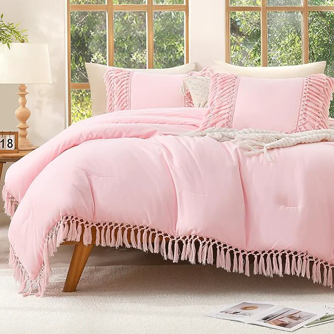 Sustainable Andency Comforter King Size Set Light Pink 3 Pieces Boho Tassel Lightweight Fluffy Bedding Comforters amp Sets Soft All Season Bed Set 104x90In Comforter amp 2 Pillowcases Fashionable