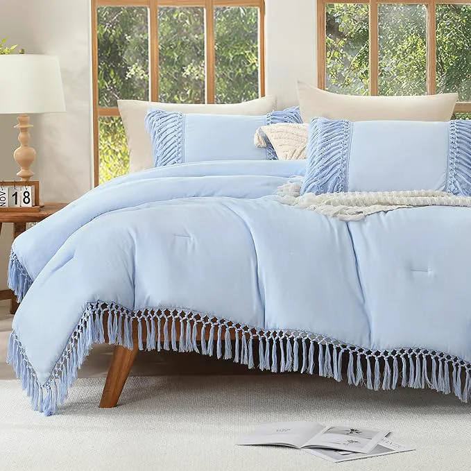 Comfortable Andency Light Blue Comforter Set California King 3 Pieces Boho Cal King Tassel Lightweight Soft Bedding Comforter Sets Oversized Bed Set 104x96In Comforter amp 2 Pillowcases Stylish