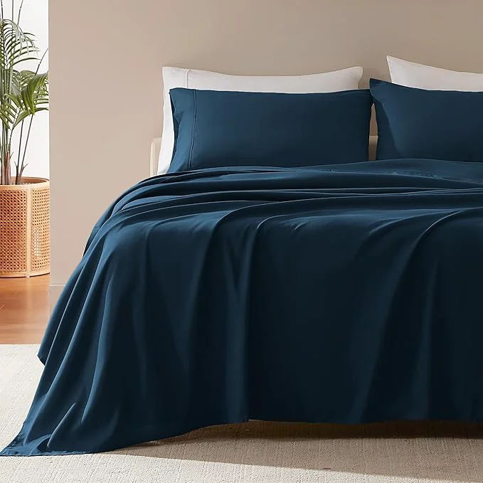 Comfortable SLEEP ZONE Nanotex Super Soft Cooling King Bed Sheets Set 4 Piece – Easy Care Fitted Flat Sheet amp Pillowcase Sets – Wrinkle Fade Resistant Deep Pocket 16 quot Navy Blue King Quality