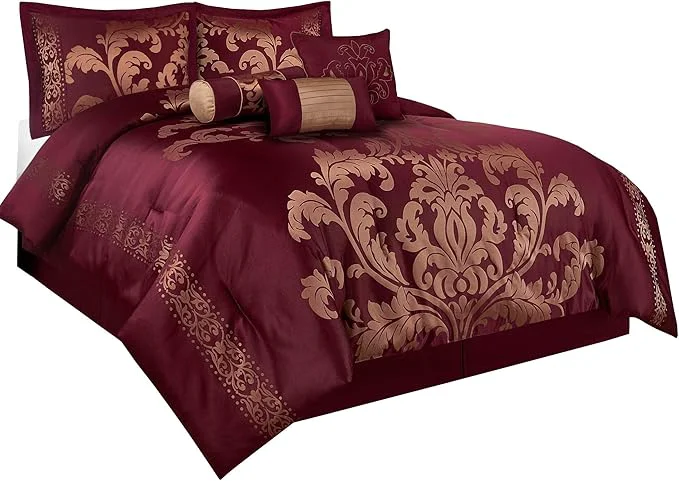 Specialty Chezmoi Collection 7-Piece Jacquard Floral Comforter Set Queen Maroon Casual