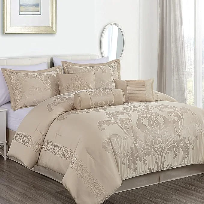 Prestigious Chezmoi Collection Royale 7-Piece Jacquard Floral Comforter Set Full Double Champagne First-Class