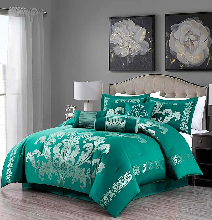 Dependable Chezmoi Collection 7-Piece Jacquard Floral Comforter Set King Green Silver Trendy