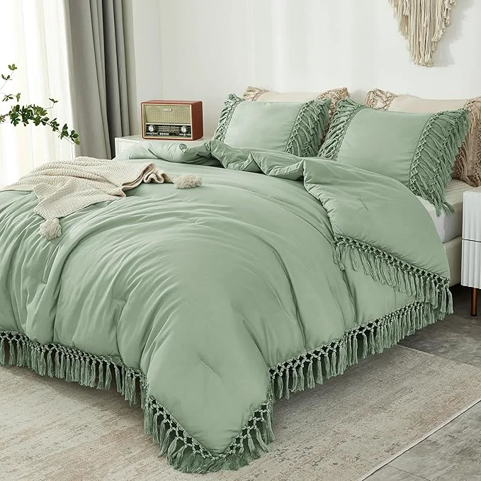 Trendy Andency Sage Green Comforter Set Queen Size 3 Pieces Boho Tassel Lightweight Vintage Soft Bedding Comforter Sets All Season Fluffy Fringe Bed Set 90x90In Comforter amp 2 Pillowcases Verified