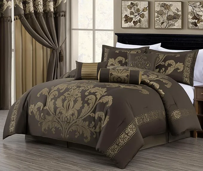Premium Material Chezmoi Collection 7-Piece Jacquard Floral Comforter Set California King Coffee Gold Natural