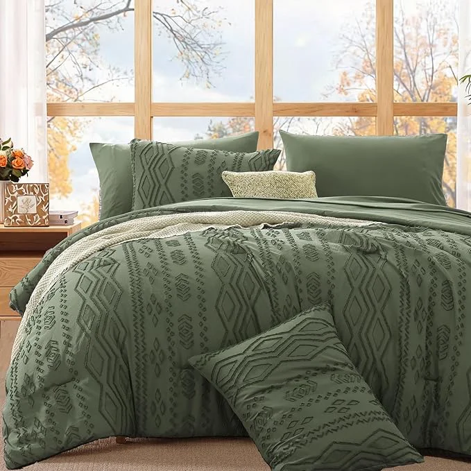 Luxury WRENSONGE King Size Comforter Set with Sheets – 7 Pieces Olive Green Tufted Bed in a Bag King Shabby Chic Bedding Sets with 1 Comforter 2 Sheets 2 Pillowcases amp 2 Shams Sustainable