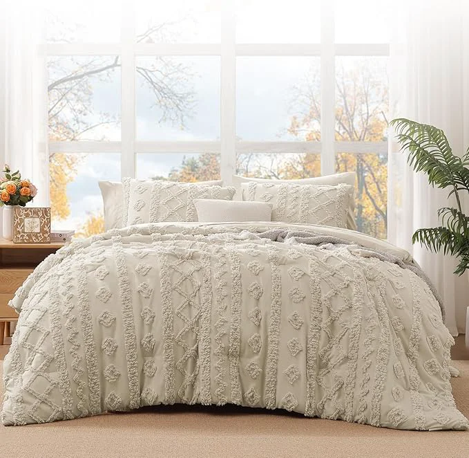 Stylish WRENSONGE Twin-XL Size Comforter Set with Sheets – 7 Pieces Beige Tufted Bed in a Bag Twin-XL Shabby Chic Bedding Sets with 1 Comforter 2 Sheets 2 Pillowcases amp 2 Shams Original Design
