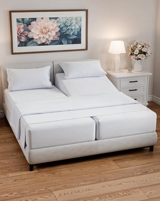 Fine Crafted Split Queen Sheets – Easy-Fit Wrinkle-Resistant Designed for Split Queen Mattress – Split Queen Sheets Sets Fits 14 quot to 16 quot Deep Pockets – Premium Extra Soft Queen Split Fitted Sheet Set – White Smooth