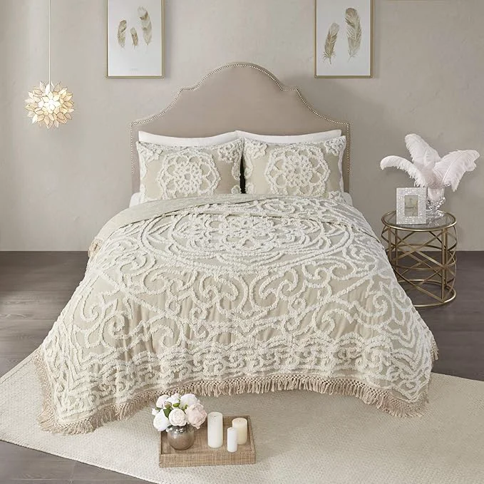 Functional Madison Park Laetitia Lightweight Cotton Quilt Set Breathable Chenille Tufted Shabby Chic Boho Medallion Design Sham Floral Ivory w Tassels King California King 104 in x 92 in 3 Piece Prestigious