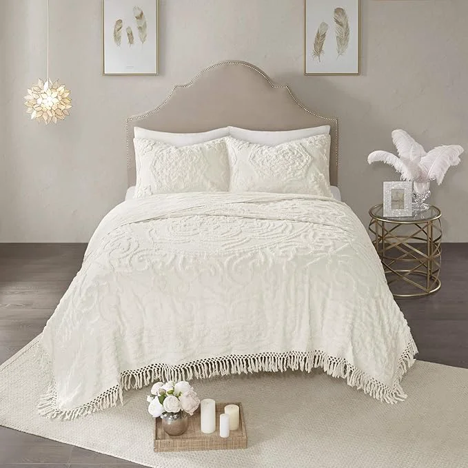 Exclusive Madison Park Laetitia Lightweight Cotton Quilt Set Breathable Chenille Tufted Shabby Chic Boho Medallion Design Sham Floral Ivory w Tassels Full Queen 90 in x 90 in 3 Piece Original Design
