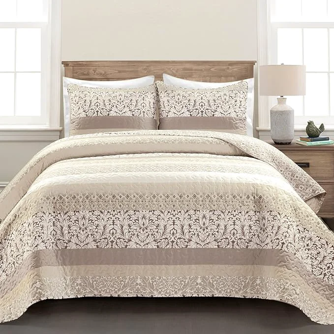 Advanced Lush Decor Boho Stripe Reversible Cotton Quilt 3-Piece Set Full Queen Neutral – Bold Colorful Bohemian Bedding Set High-Quality