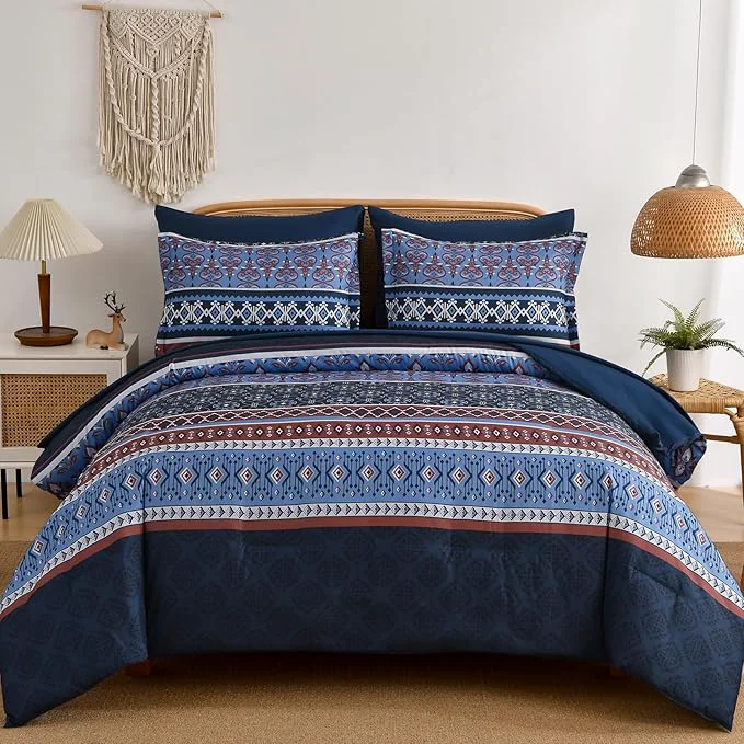 Elegant Boho Comforter Set Queen Size 7 Pieces Bohemian Comforter Bedding Set Bed in a Bag Navy Blue Paisley Floral Comfortet and Sheet Set Soft Striped Bedding Sets for All Season Crafted