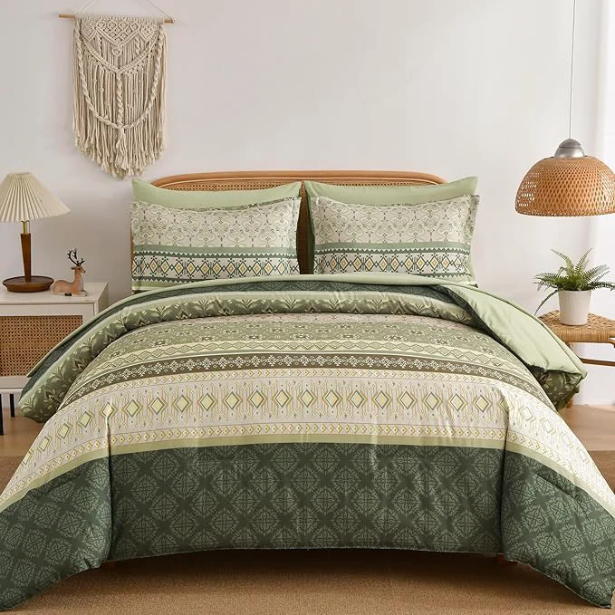 Sustainable Boho Comforter Set Queen Size 7 Pieces Sage Green Bedding Set Bed in a Bag Paisley Floral Comfortet and Sheet Set Soft Striped Bohemian Comforter with Sheet for All Season Contemporary