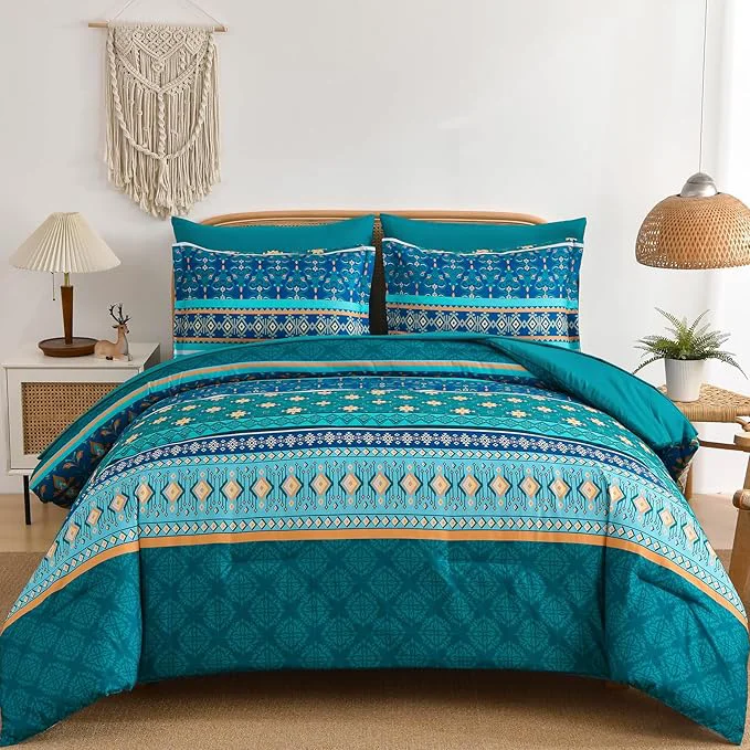 Certified Boho Comforter Set Queen Size 7 Pieces Comforter Bedding Set Bed in a Bag Bohemian Turquoise Blue Paisley Floral Comfortet and Sheet Set Soft Striped Bedding Sets for All Season Versatile