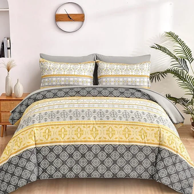 Elegant WONGS BEDDING Boho Comforter Set King Size 7 Pieces Bed in a Bag Bohemian Striped Bedding Set Yellow Paisley Floral Comfortet and Sheet Set Soft Microfiber Bedding Sets for All Season Minimalist