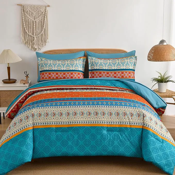 Optimized Comforter Set King Size Boho 7 Pieces Bohemian Bedding Comforter Set Striped Bed in a Bag Teal Paisley Floral Comfortet and Sheet Set Soft Microfiber Bedding Sets for All Season Carefully Designed
