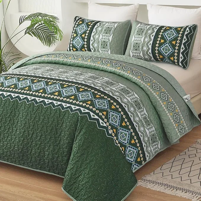 Premium Material WONGS BEDDING Green Quilt Set Queen Size 3 Pieces Boho Bedspread Coverlet Set Soft Bohemian Bedding Set King for All Season 104 quot ×90 quot Easy-to-Use