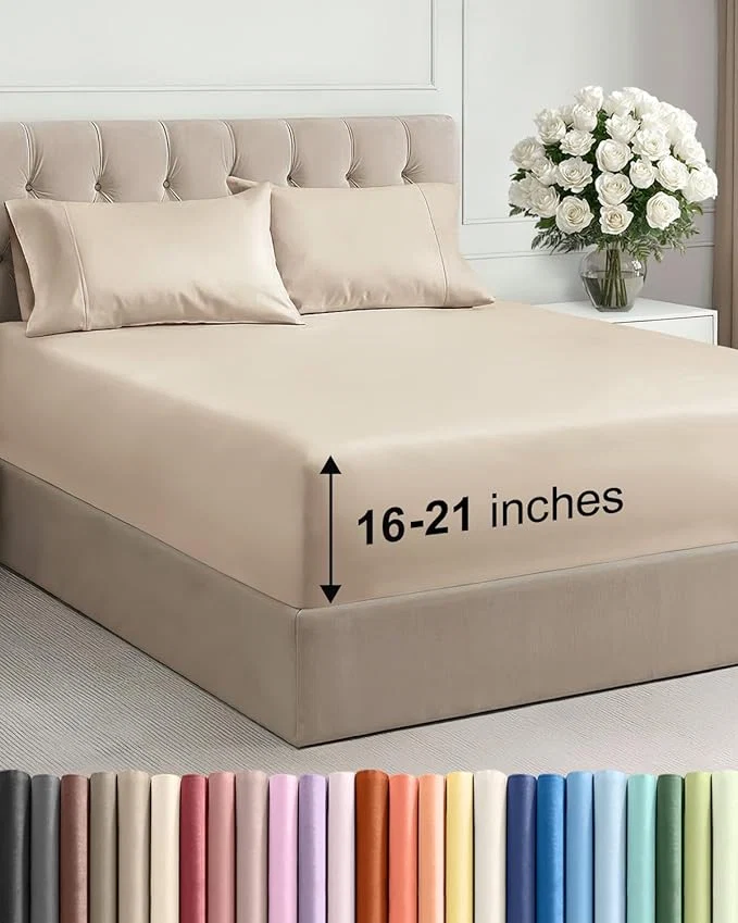 Excellent Extra Deep Pocket Cal King Size Sheet Set – 4 Piece Breathable amp Cooling Bed Sheets – Hotel Luxury Bedding with 16 to 21 inch Extra Deep Pockets – Soft Fade and Wrinkle Resistant – Oeko-Tex – Wheat Enhanced