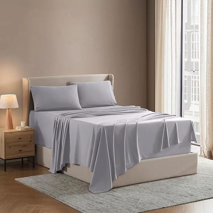 Recyclable Nestl California King Sheet Set – 1800 Ultra-Soft Microfiber Cal King Bed Sheets – Double Brushed – Deep Pockets – Easy Fit – 4 Piece Set – Bed Sheets California King Light Grey Traditional