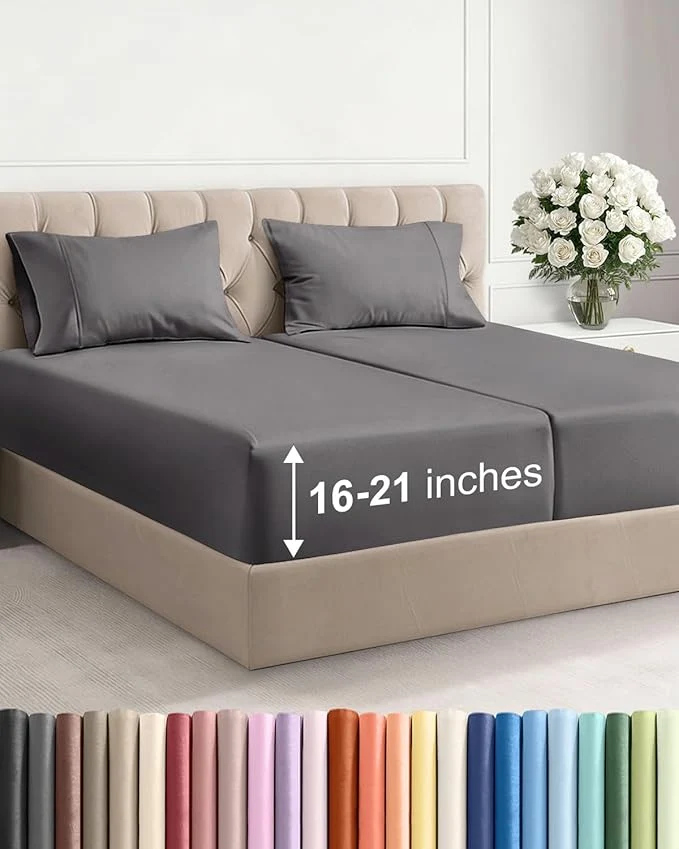 Extra Deep Pocket Split King Size Sheet Set – 5 Piece Breathable amp Cooling Bed Sheets – Hotel Luxury Bedding w 16 to 21 inch Extra Deep Pockets – Soft Fade amp Wrinkle Resistant – Oeko-Tex – Dark Grey Original