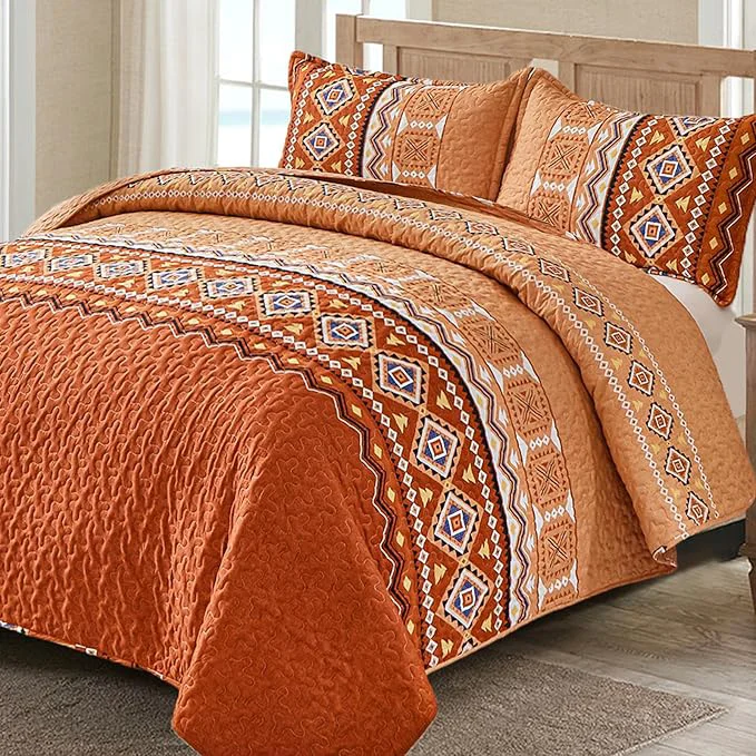 Green WONGS BEDDING Burnt Orange Boho Quilt Set Full 3 Pieces Thanksgiving Quilt Bedspread Lightweight Fall Bohemian Coverlet Set Soft Thanksgiving Bedding Set for All Season 78 quot ×90 quot Dependable