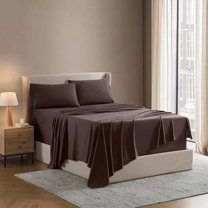 Premium Material Nestl Short Queen Sheet Set – 1800 Ultra-Soft Microfiber – Double Brushed – Deep Pockets – Easy Fit – 4 Piece Set – Bed Sheets Short Queen Chocolate Brown Premium