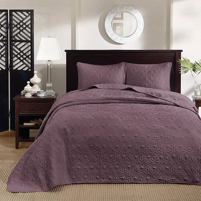 Eco-Friendly Madison Park Quebec Reversible Damask Design Double Sided Quilting All Season Lightweight Coverlet Bedspread Bedding Set Matching Shams Queen 102 quot x118 quot Purple Detailed
